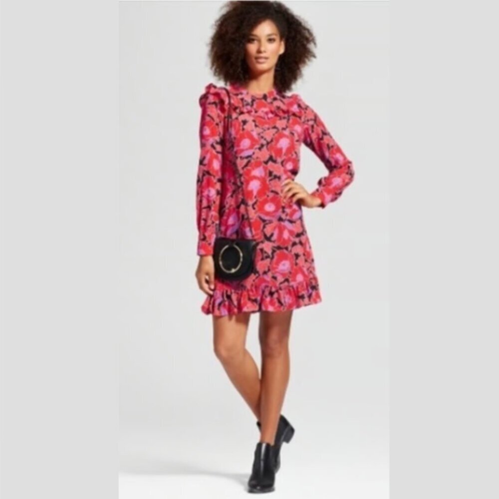 Who What Wear Vibrant Red Floral Midi Dress, Long Sleeve, Large